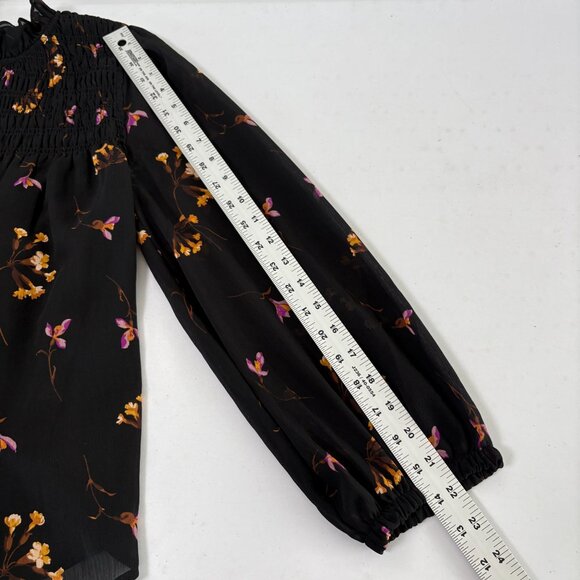 Madewell Georgette Ruffle Collar Smocked Top Size S Black Floral Sheer Sleeves - Picture 9 of 11